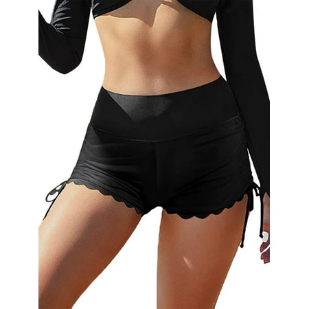 Shark Slippers Women Swim Shorts  High Waist Drawstring Wavy Hem Solid Summer Bathing Surfing Bottoms