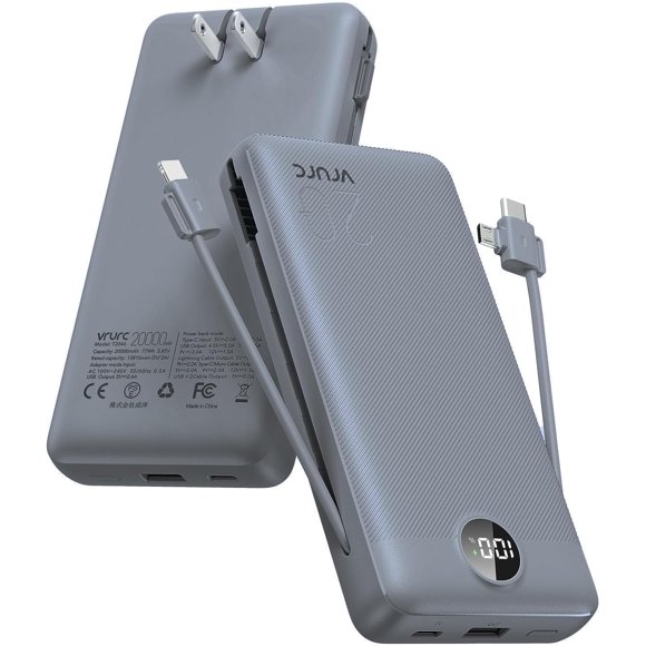 TEMOGU-Power Bank 20000mAh for iPhone, 22.5W USB C Fast Charging, Portable Phone Charger with Built-in Cables & Wall Plug, 4 Output with LED Display External Battery Pack, Grey