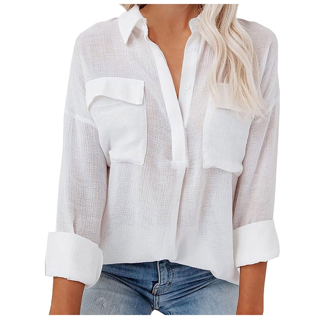 Tops de Mujer Blusas de Manga Larga Solapa de Un Solo Pecho Color Sólido Camisa Elegante Bolsillo Superior Odeerbi ODB186631
