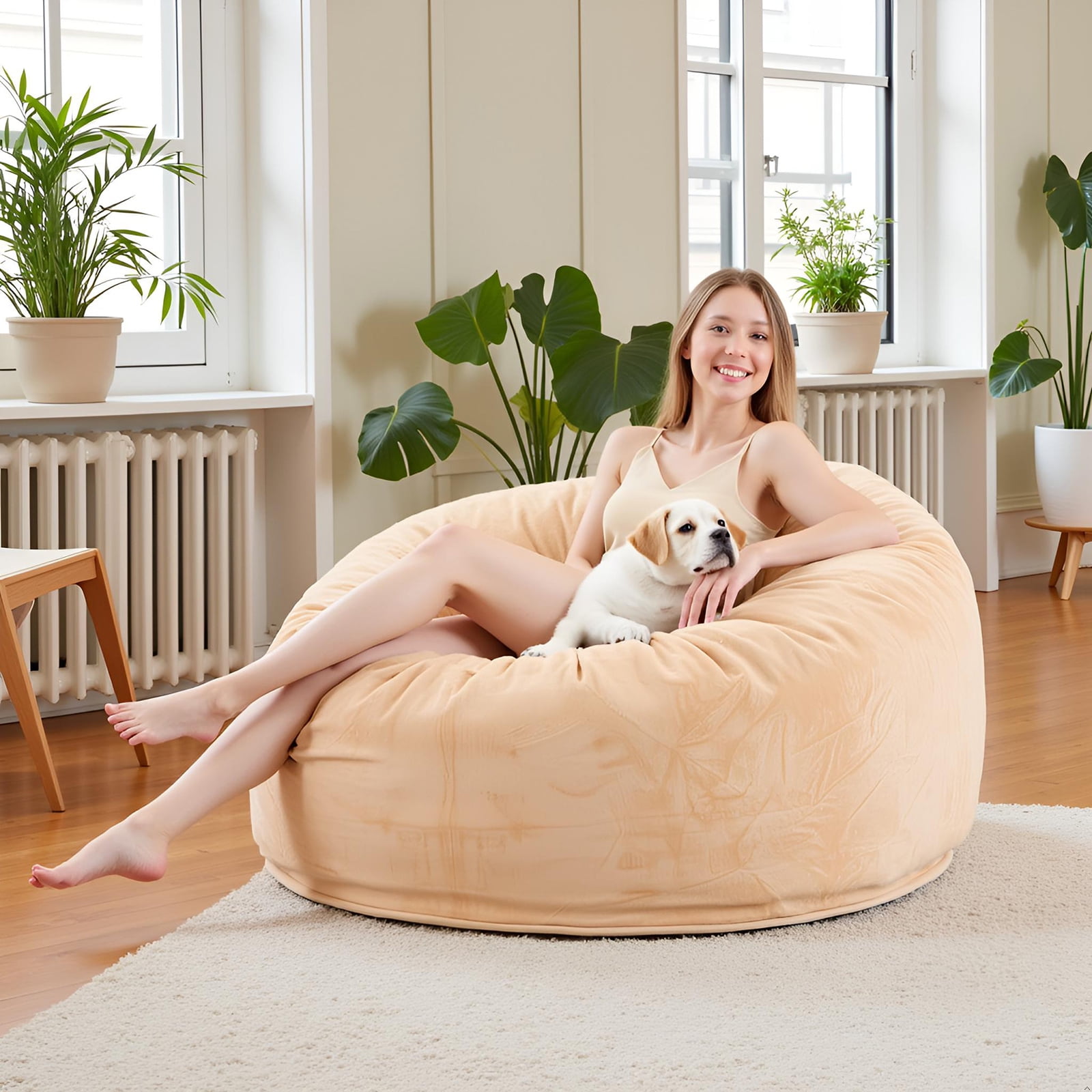 VIREO Bean Bag Chair - 6FT Bean Bag Chairs for Adults Memory Foam Filler Beanbag Chair with Ultra Soft Removable and Washable Flannel Cover, Beanbag Chairs for Living Room - Camel