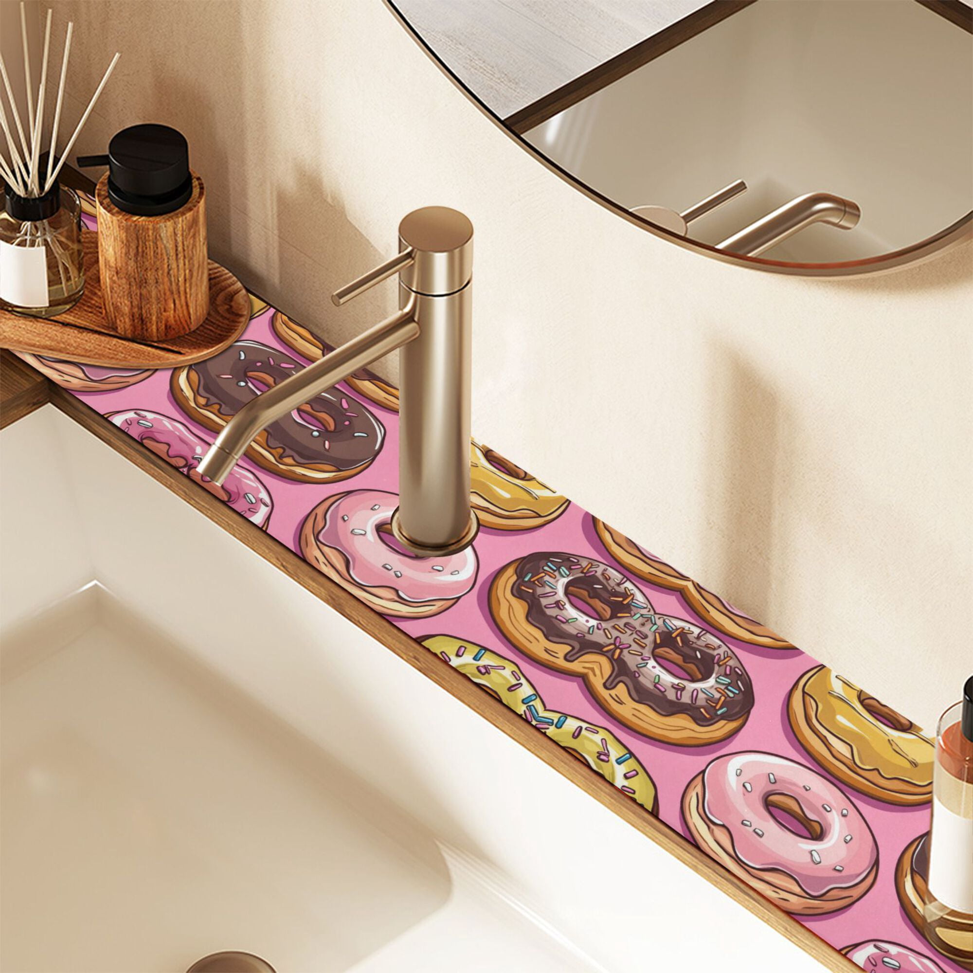 Yayeee Faucet Mat for Kitchen Sink 30" Diatomite Long Splash Guard Pad, Cute Doughnuts Pattern, 2 Pack
