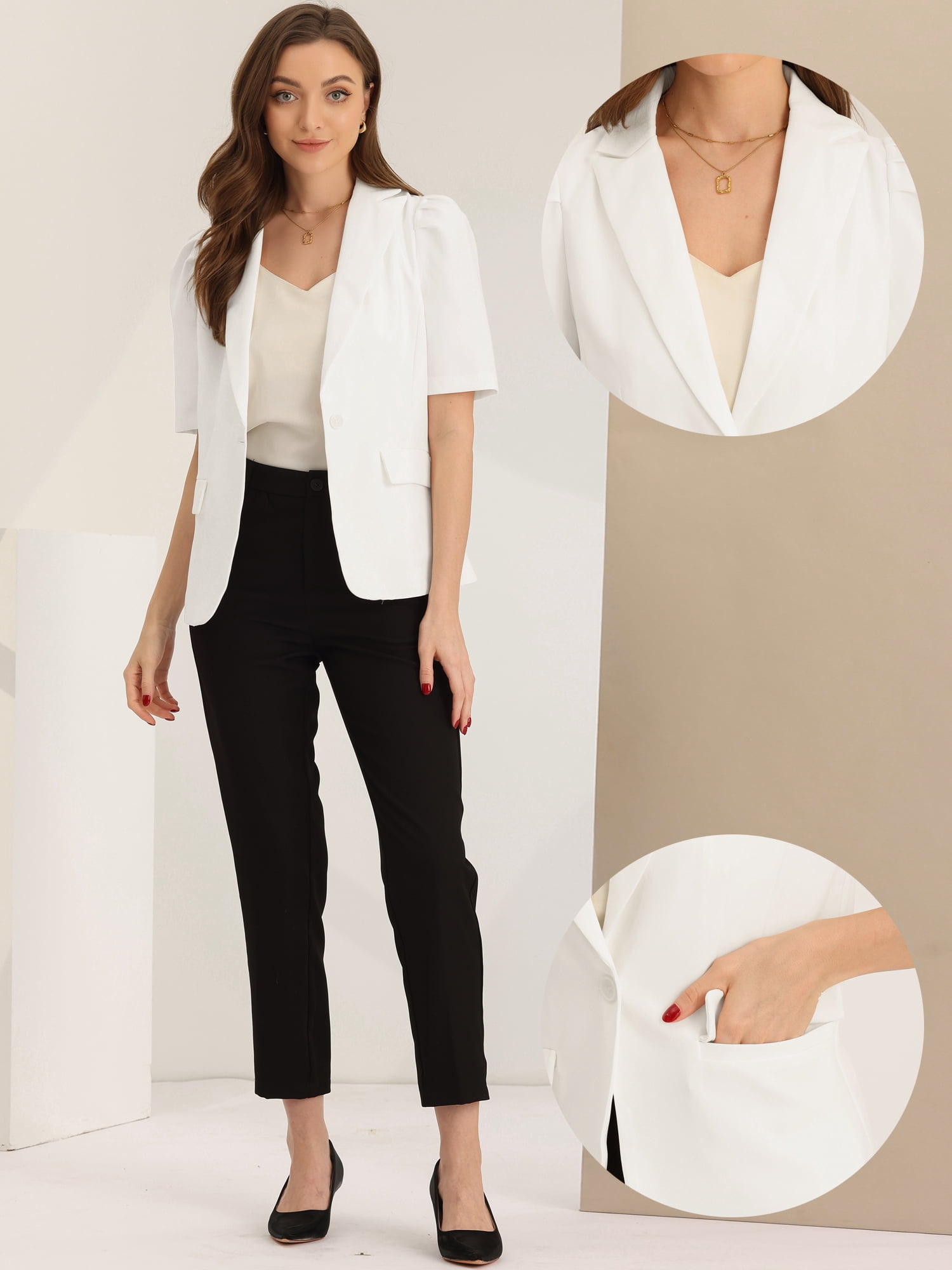 DARING DIVA Women's Lapel Collar Buttoned Summer Office Jacket S White