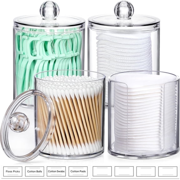 4 Pcs,Acrylic Qtip Holder Dispenser for Cotton Swab,Ball,Round Pads,Floss Picks - Clear Plastic Apothecary Jar Set for Bathroom Canister Storage Organization,Vanity Makeup Organizer