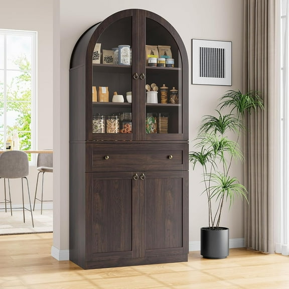 Akaber 71" Tall Arched Kitchen Pantry Cabinet with Glass Doors, Modern Kitchen Storage Cabinets with Adjustable Shelves and Drawer, Wooden Storage Pantry Cabinet for Living Room, Dining Room