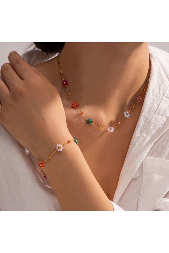 Women Necklace Bracelet Colorful Flower Pendant Adjustable Length Sweet Style Prom Wedding Party Neck And Wrist Jewelry Birthday Anniversary Gift
