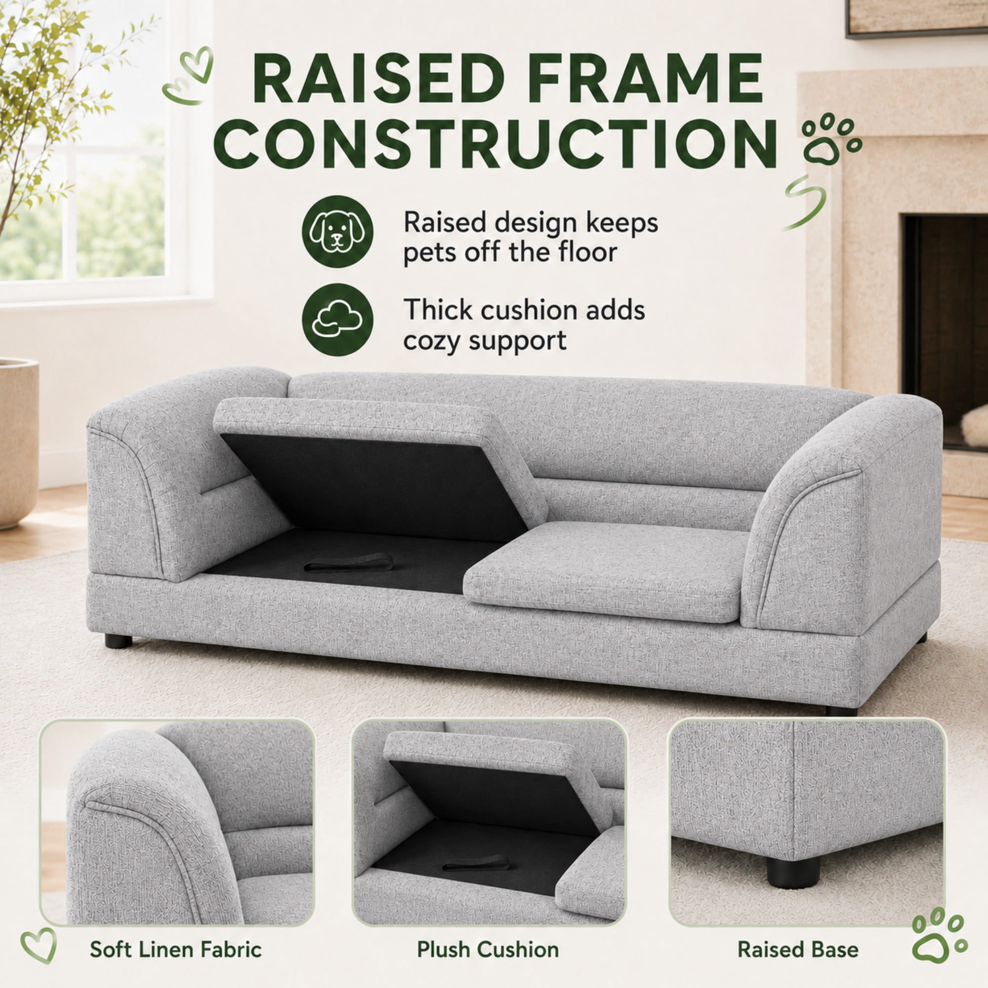 Aenkyo 52" Large Dog Sofa Bed, Linen Pet Couch with Removable Cushions, Light Gray
