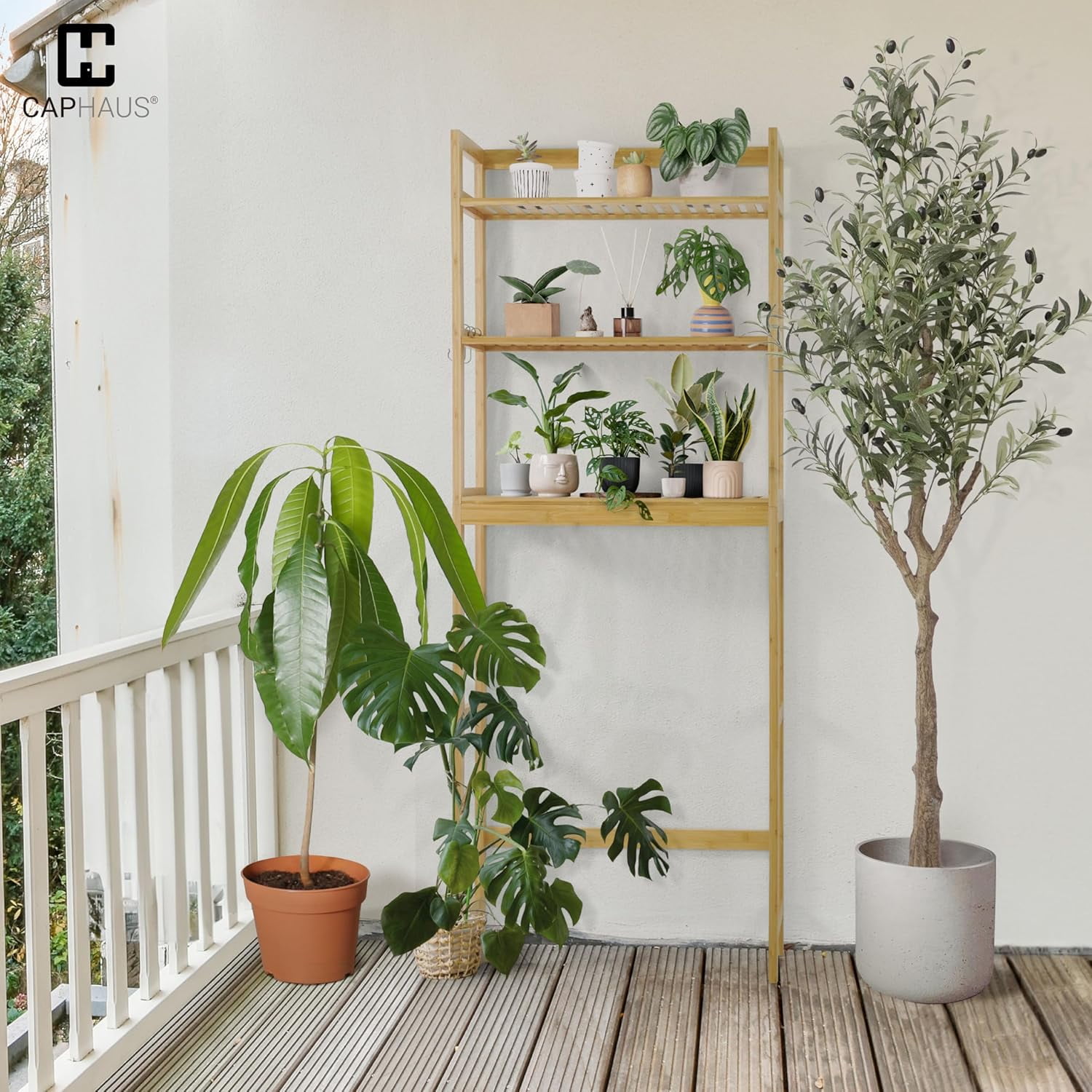 CAPHAUS Bamboo Over The Toilet Storage, Behind Toilet Bathroom Shelf Rack with Hooks & Adjustable Feet, 24-Inch Freestanding Toilet Shelf, Bathroom & Laundry Organizer, Balcony Plant Stand, Natural