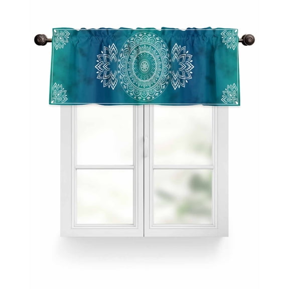 Teal Blue Bohemian Kitchen Valances for Windows Retro Man-dala Pattern Valance Curtains for Kitchen /Living Room/Bedroom/ Bathroom Decor, 54"x18 " ,Rod Pocket 1 Panel, White