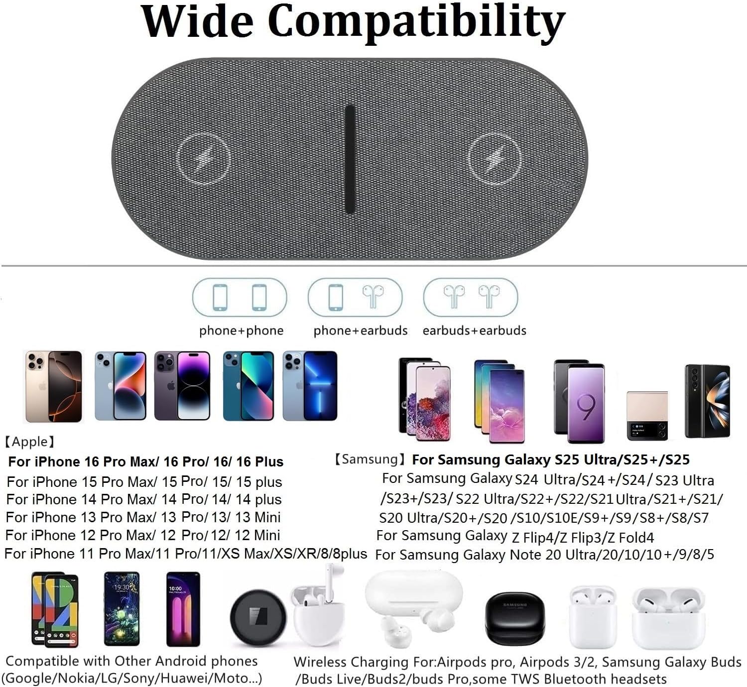 20W Fast Wireless Charging Pad  with Adapter compatible with iPhone 17 Pro max/17 Air/16/15/14/13/12/11/XS/XR/8 Plus,Air pods,Samsung Galaxy S25/S24/S23/S22/S21,Note20/10,Galaxy Buds,Gray