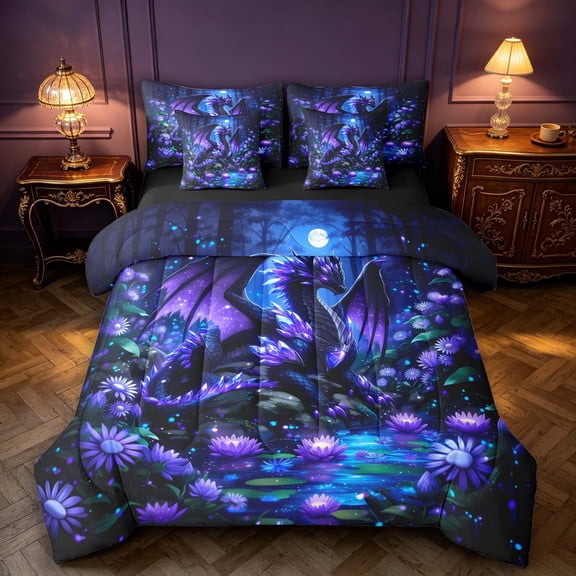 Manfei Gothic Dark Dragon Animals 7-Piece Twin Bedding,Vintage Trees Water Lily Bedding Comforter Set,Black Reversible