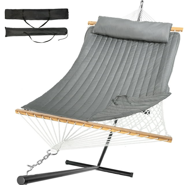 MIHOVER Hamac Double Robuste avec Support - Capacité de 500 Lb, Installation Facile et Oreiller Détachable - Gris
