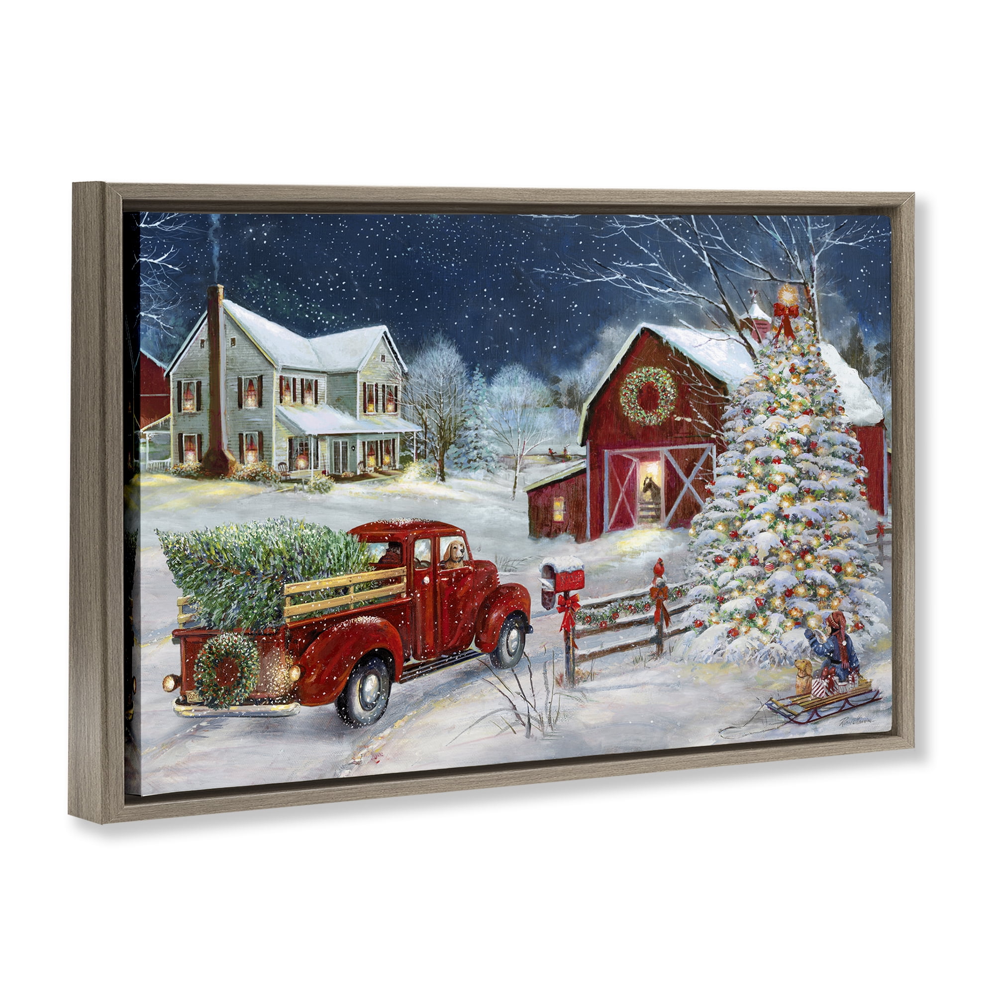 Stupell Industries Snowy Winter Farmhouse Holiday Painting Brown Floater Framed Canvas Art Prints Wall Art, 25 x 17