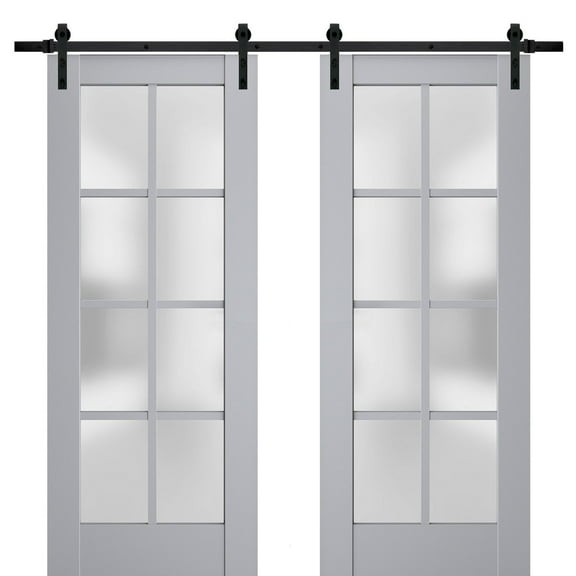 Sturdy Double Barn Door with Frosted Glass | Veregio 7412 Matte Grey | 13FT Rail Hangers Heavy Set | Solid Panel Interior Doors-36" x 96" (2* 18x96)-Black Rail