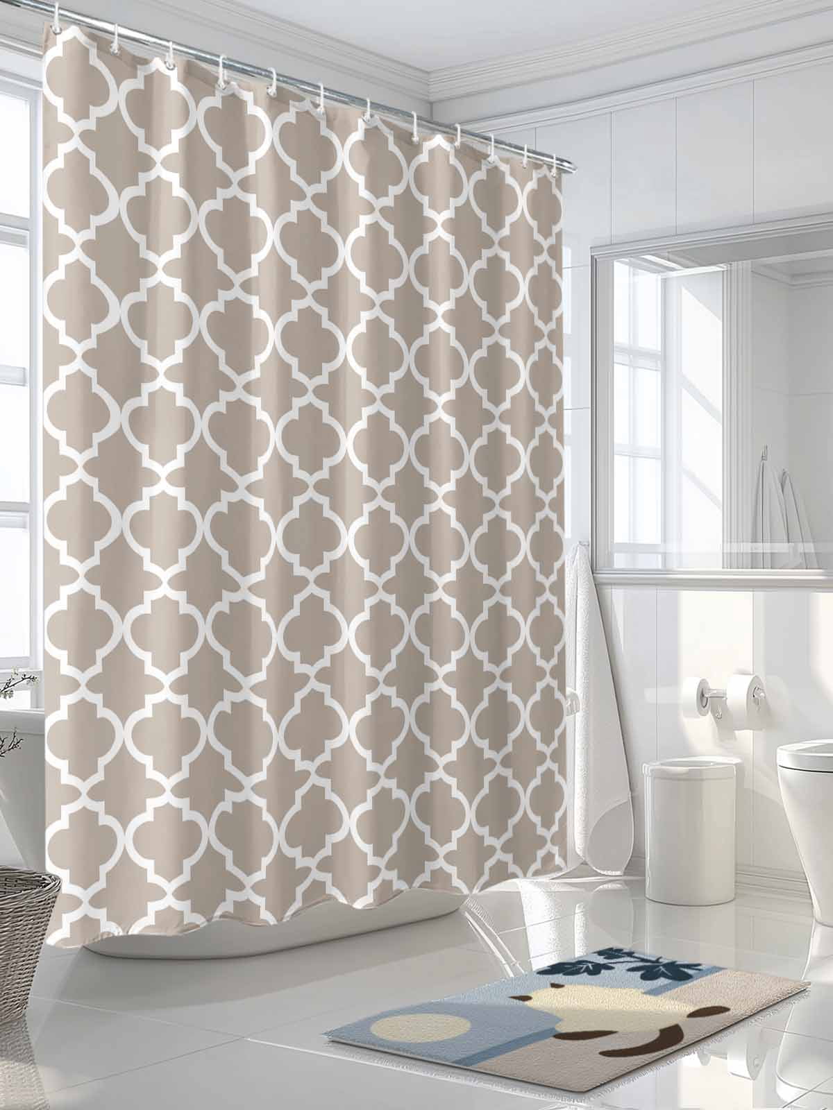Beige White Geometric Shower Curtain, Minimalist Morocco Pattern Bathroom Decor Curtains Set with Hooks, Waterproof Fabric Home Accessories， 72 X 72 Inch Long