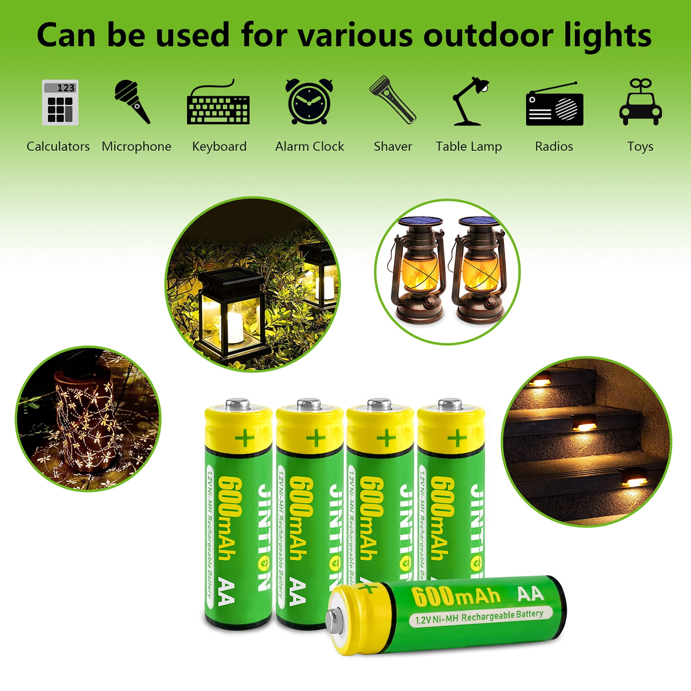 JINTION Rechargeable Aa Batteries, Double a Ni-MH 600mAh 1.2V Solar Battery