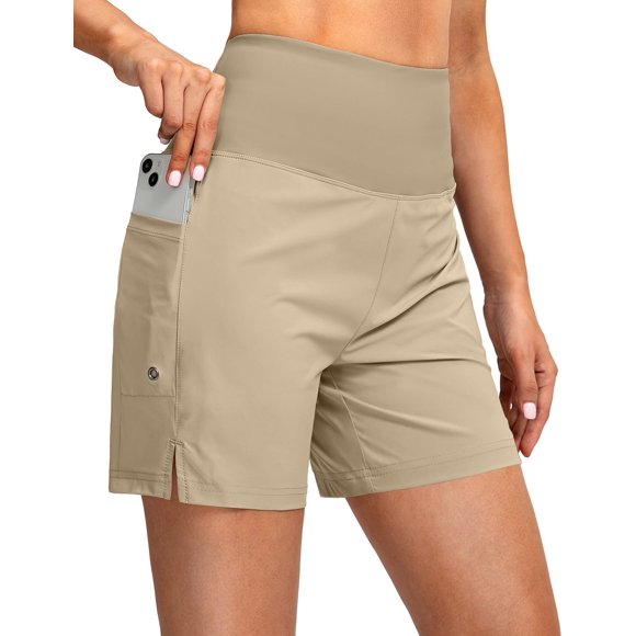 Short de Bain Taille Haute 5" pour Femmes avec Poches pour Téléphone UPF 50+ Short de Plage à Séchage Rapide pour Femmes avec Doublure Kaki Moyen
