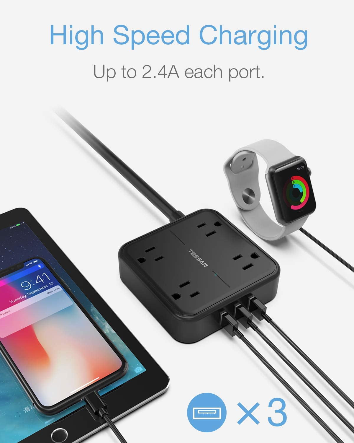 TESSAN Portable Power Strip with 2 Outlets /& 5ft Flat Plug Cord /& 3 USB Ports