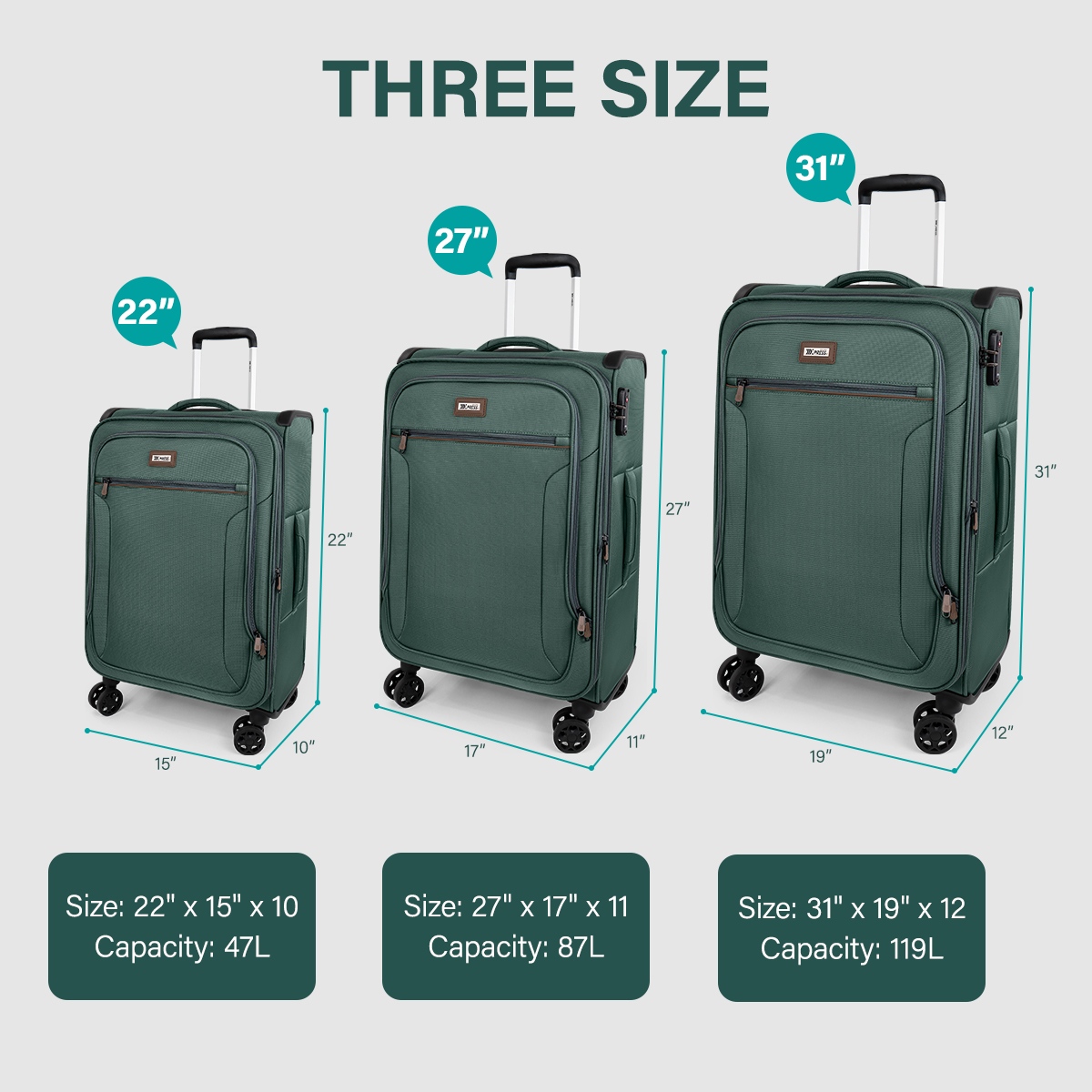 3 Piece Softside Luggage Set, Expandable Soft Shell Spinner Luggage with Front Opening, Lightweight Durable Suitcase TSA Lock Approved, 20"/26"/28", Grey(XJ1097)