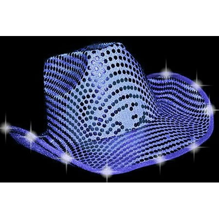 Glitter and Blinking Blue Sequin Cowboy Hat with LED Lights, This Blue LED Flashing is not your ordinary cowboy hat ! By Private