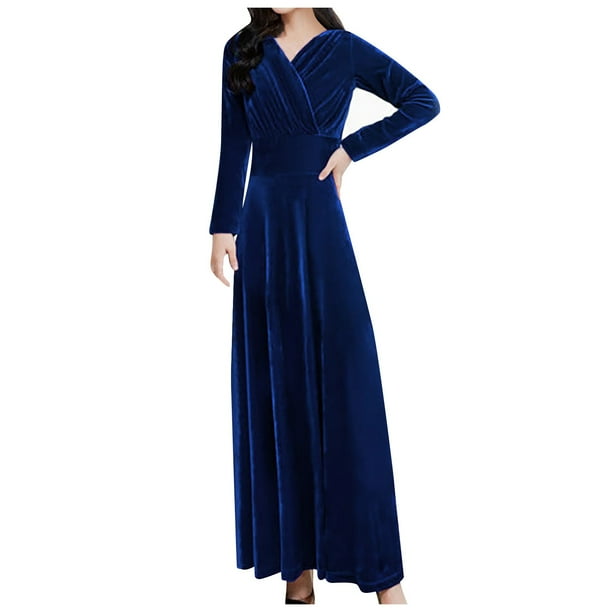 Vestido largo de terciopelo de manga larga para mujer - Vestido largo ajustado de corte A para fiestas de invierno, tallas M-XXXXL