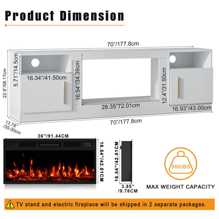 Waleaf 70" TV Stand with Electric Fireplace, White photo 4
