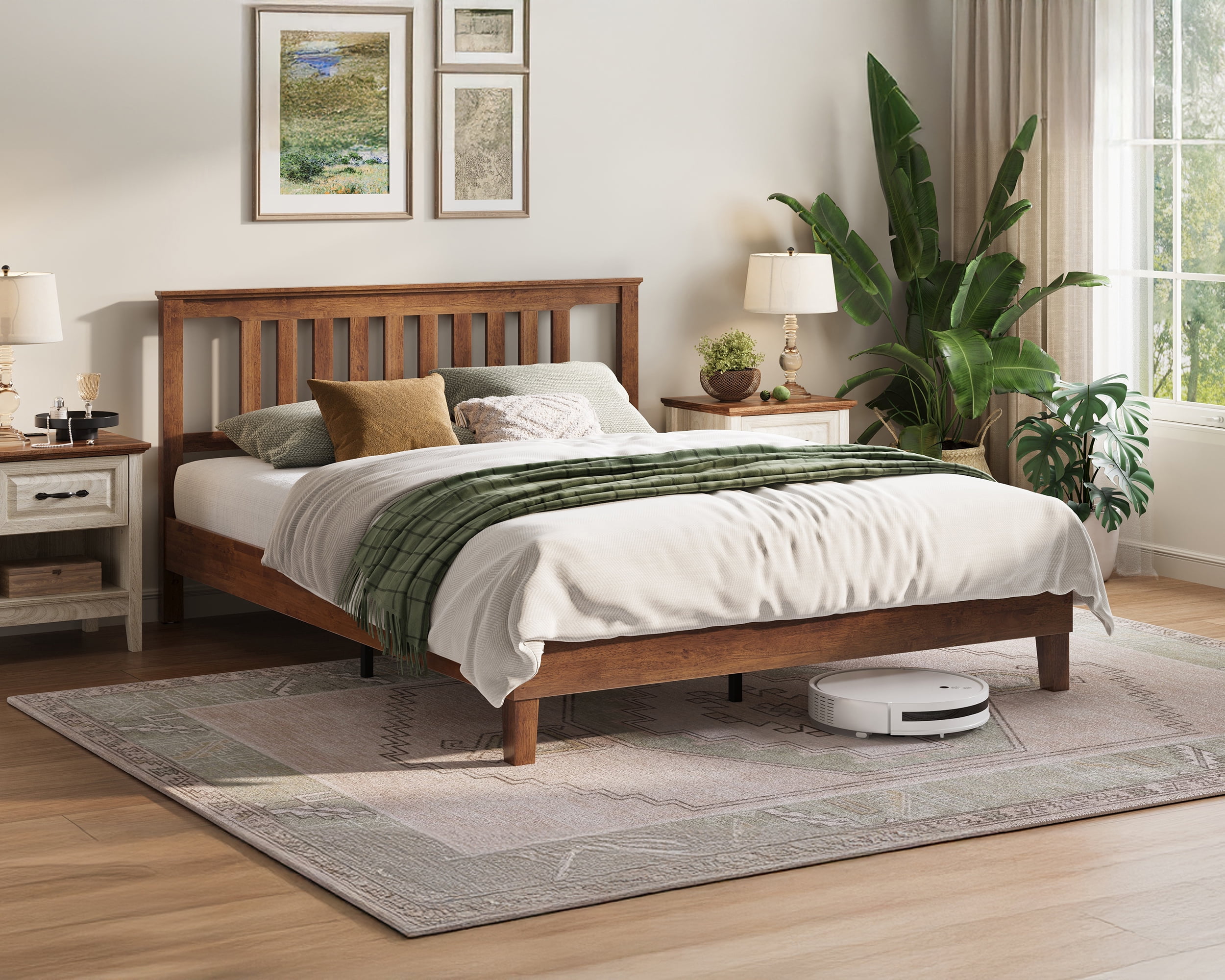 Linsy Home Solid Wood Full Size Bed Frame with Headboard, No Box Spring Needed, Walnut