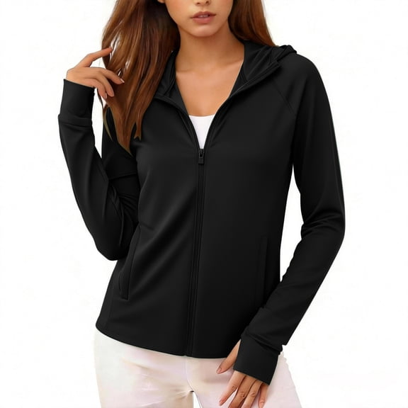 Ovzne Women's Long Sleeve Hooded Zip-Up Workout Top Lightweight Moisture Wicking Sun Protection Active Wear for Yoga Running Gym Spring Summer,Black,L