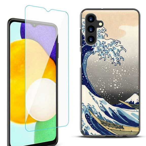 Slim-Fit Protective Fashion Phone Case (Black) for Samsung Galaxy A13 5G, with Tempered Glass Screen Protector, by OneToughShield ® - Great Wave