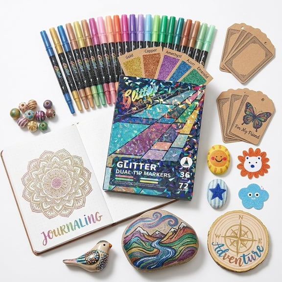 24 Colors Glitter Effect Brush Markers, Dual Tip Metallic Shimmer Pens for Coloring, Smooth Ink Flow No Bleed Glitter Gel Pens for Art Projects, Card Making, Gift for Artists (36Pack 72Colors)