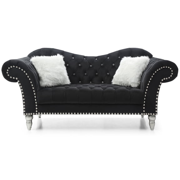 Contemporary Home Living Tufted Velvet 3-Seater Sofa with Throw Pillows - 75" - Black