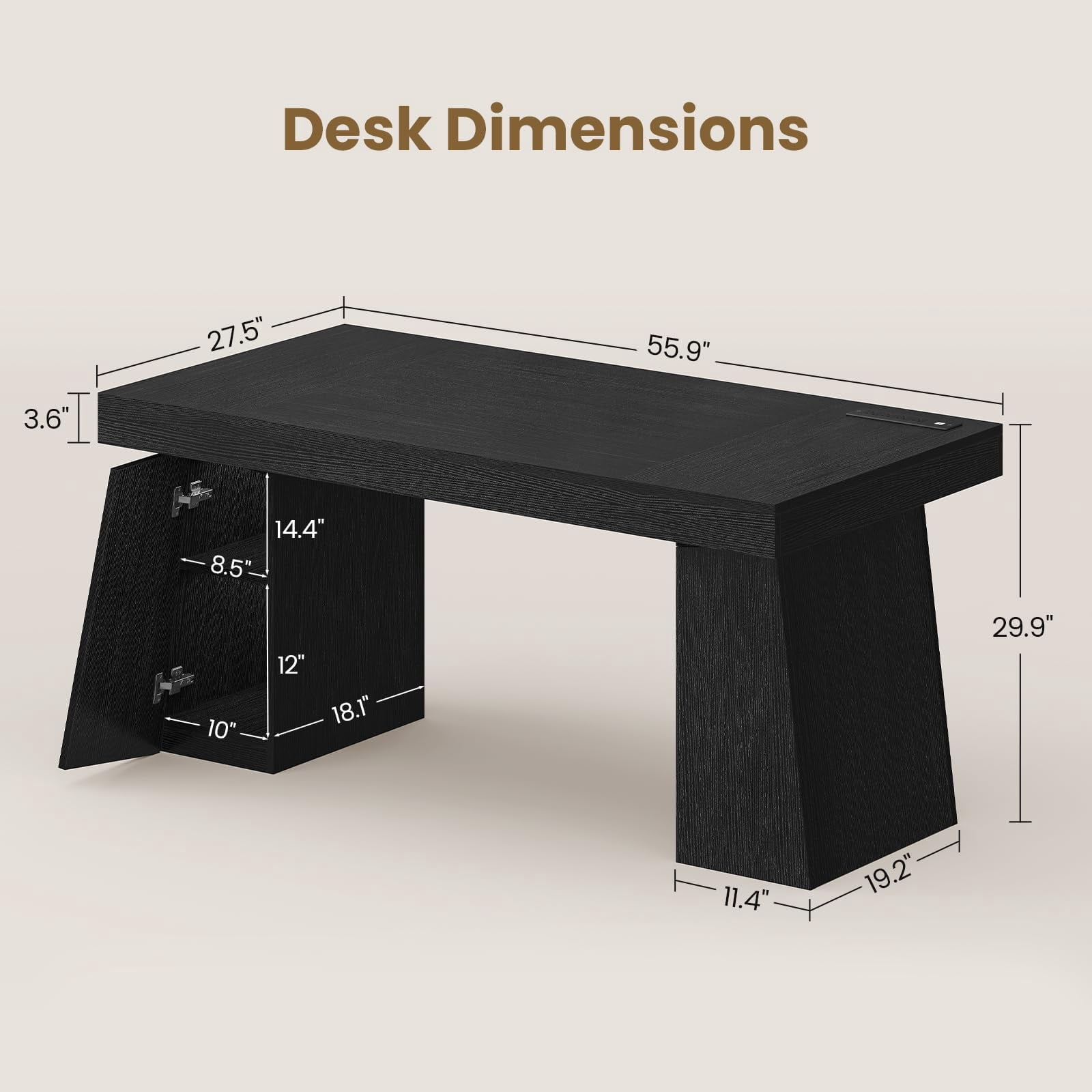 55.9" Executive Desk with Power Outlets, Home Office Desk with Double Pedestal & 2 Storage Cabinet, Wood Computer Desk, Modern Business Workstation (Black)