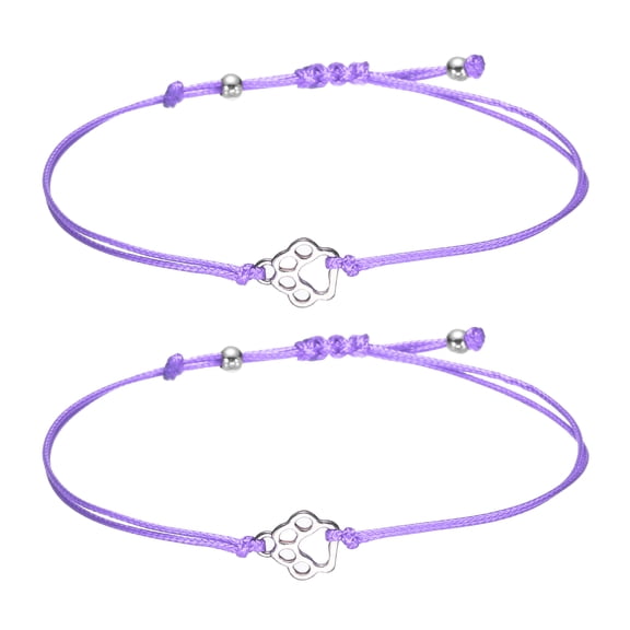 Dog Paw Bracelets for Women Cat Paw Pet Print Memorial Rope Bracelet Handmade Adjustable String Purple 2 Pack