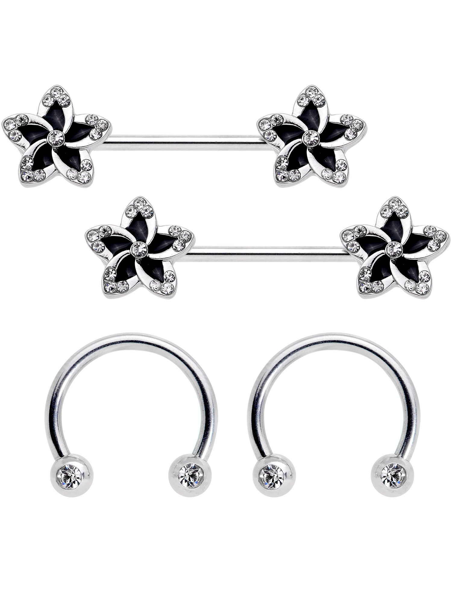 Body Candy 4Pc 14G Nipplerings Piercing Steel Clear Black Accent Flower