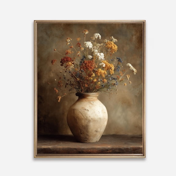 Vintage Floral Still Life Print – Rustic Wildflowers In Ceramic Vase Wall Art, Cottage Wall Decor, UNFRAMED Poster, Wall Art for Decor, Present, 8x12