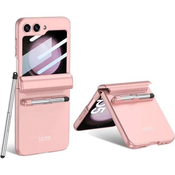 Compatible Samsung Galaxy Z Flip 5 Case with S Pen, All-Inclusive Hinge Protection Tempered Glass Screen Protector Cover Case for Samsung Galaxy Z Flip 5 5G 2023 (Pink)