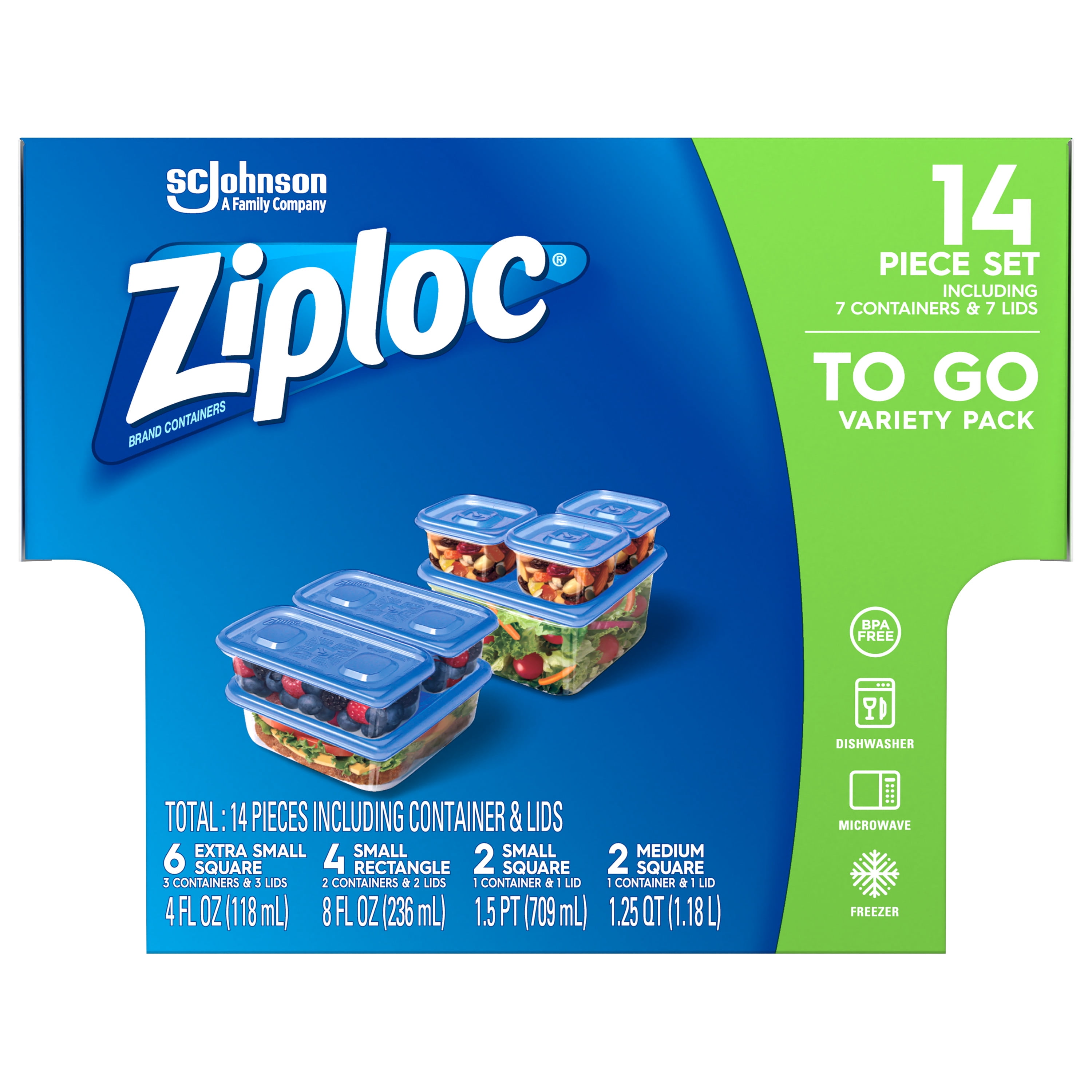 Ziploc Brand Container with One Press Seal, To Go Variety Pack, 14 ct