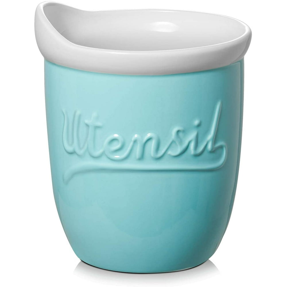 DOWAN Kitchen Utensil Holder, 7.2“ Large Ceramic Utensil Crock for Countertop, Farmhouse Teal