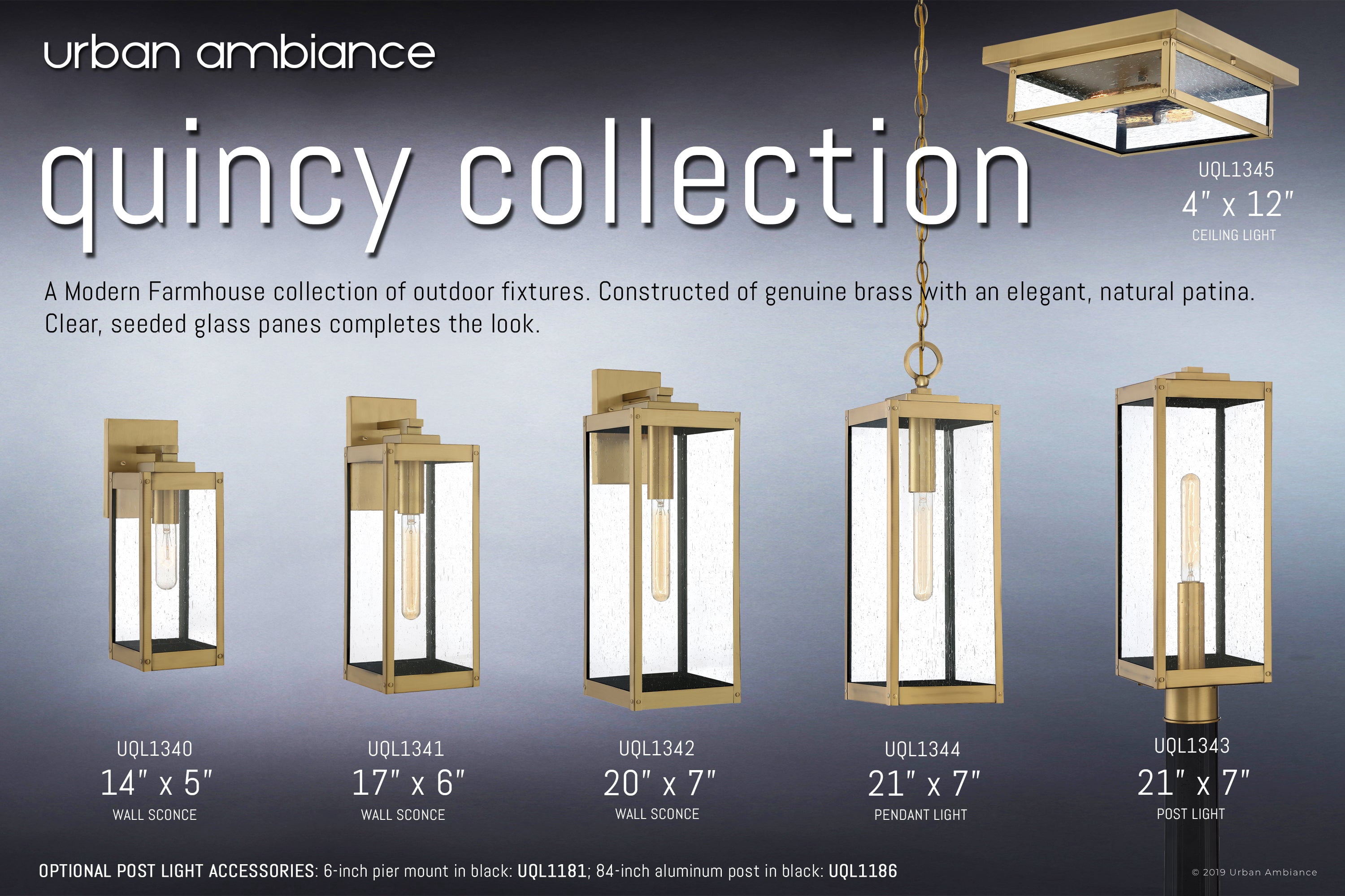 Luxury Modern Farmhouse Outdoor Post Light, 20.50''H x 7.00''W, with Industrial Style Elements, Minimalist Design, Antique Brass Finish and Clear Seedy Glass, UQL1343