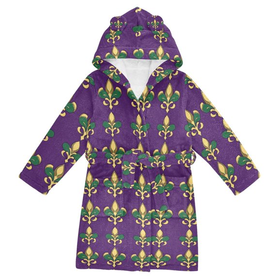 FORMRS Niños Bathrobe Unisex Hooded Robe Soft Plush Pajamas Sleepwear, Size 2-3T, Gold and Green Floral Pattern