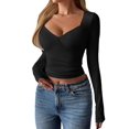 thumbnail image 2 of Female Long Sleeve V Neck T Shirts Double Lined Crop Top Seamed Cup Going Out Tops Black S, 2 of 7