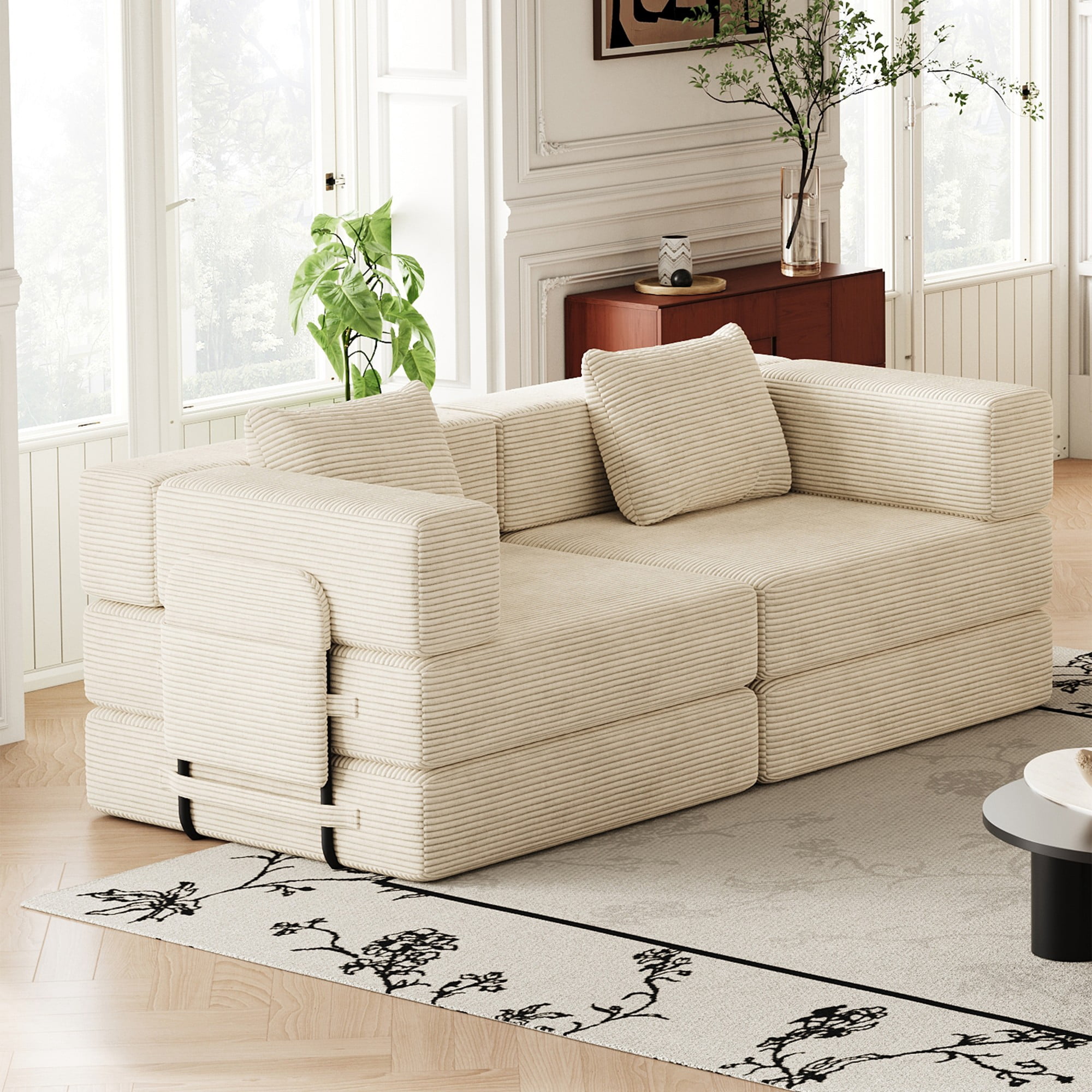 72" Convertible Corduroy Sofa Bed,Folding Sleeper Couch with Two Side Storage Pockets & Two Cushions for Living Room,Bedroom,Beige