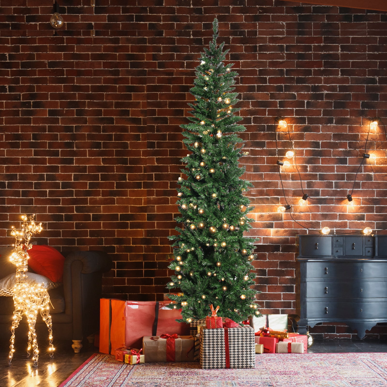 Kepooman 6.5FT Pre-Lit Pine Pencil Artificial Christmas Tree with Stand, Pointed Pen Holder Xmas Tree with Fiber Optics for Home Office Party Decor, Green Kepooman 6.5FT Pre-Lit Pine Pencil Artificial Christmas Tree with Stand, Pointed Pen Holder Xmas Tree with Fiber Optics for Home Office Party Decor, Green