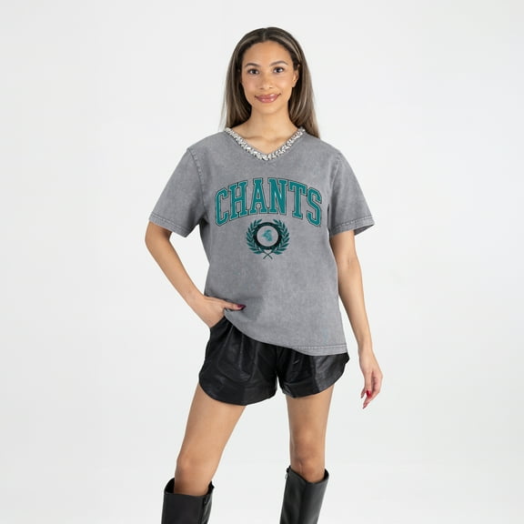 Women's Gameday Couture Gray Coastal Carolina Chanticleers Iconic Edge Rhinestone V-Neck T-Shirt