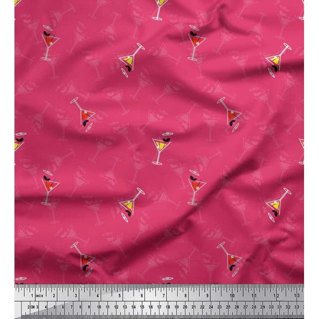Soimoi Pink polyester Crepe Fabric Glass,Straw & Drinks Summer Designs Print Fabric by Yard 42 Inch Wide