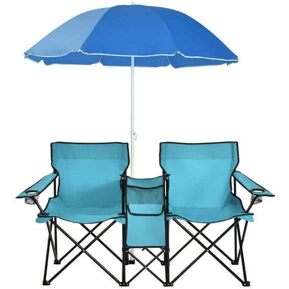 Costway Portable Folding Picnic Double Chair W/Umbrella Table Cooler Beach Camping Turquoise