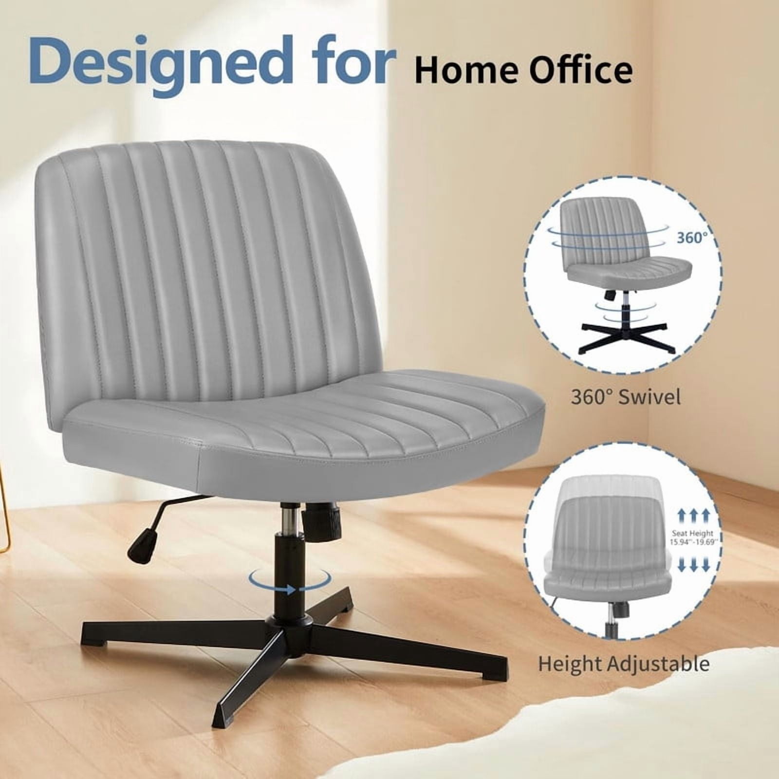 Kelno PU Leather Cross Legged Desk Chair Wide Seat Chair Ergonomic Height Adjustable Swivel Office Vanity Chair, Grey