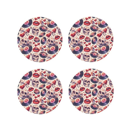

Tideii record rock Skull lips for Leather Coasters 4 Pieces Anti-fouling and Anti-scalding Decorative Coasters Suitable for Restaurants Kitchens Coffee Shops-Round Shape
