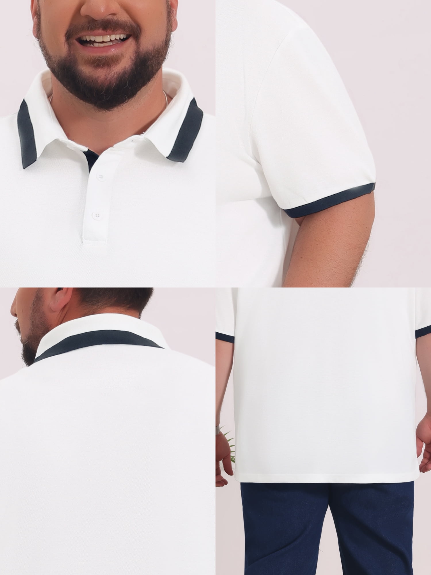 DARING DIVA Men's Big Tall Contrast Color Short Sleeve Button Down Polo 3XL White