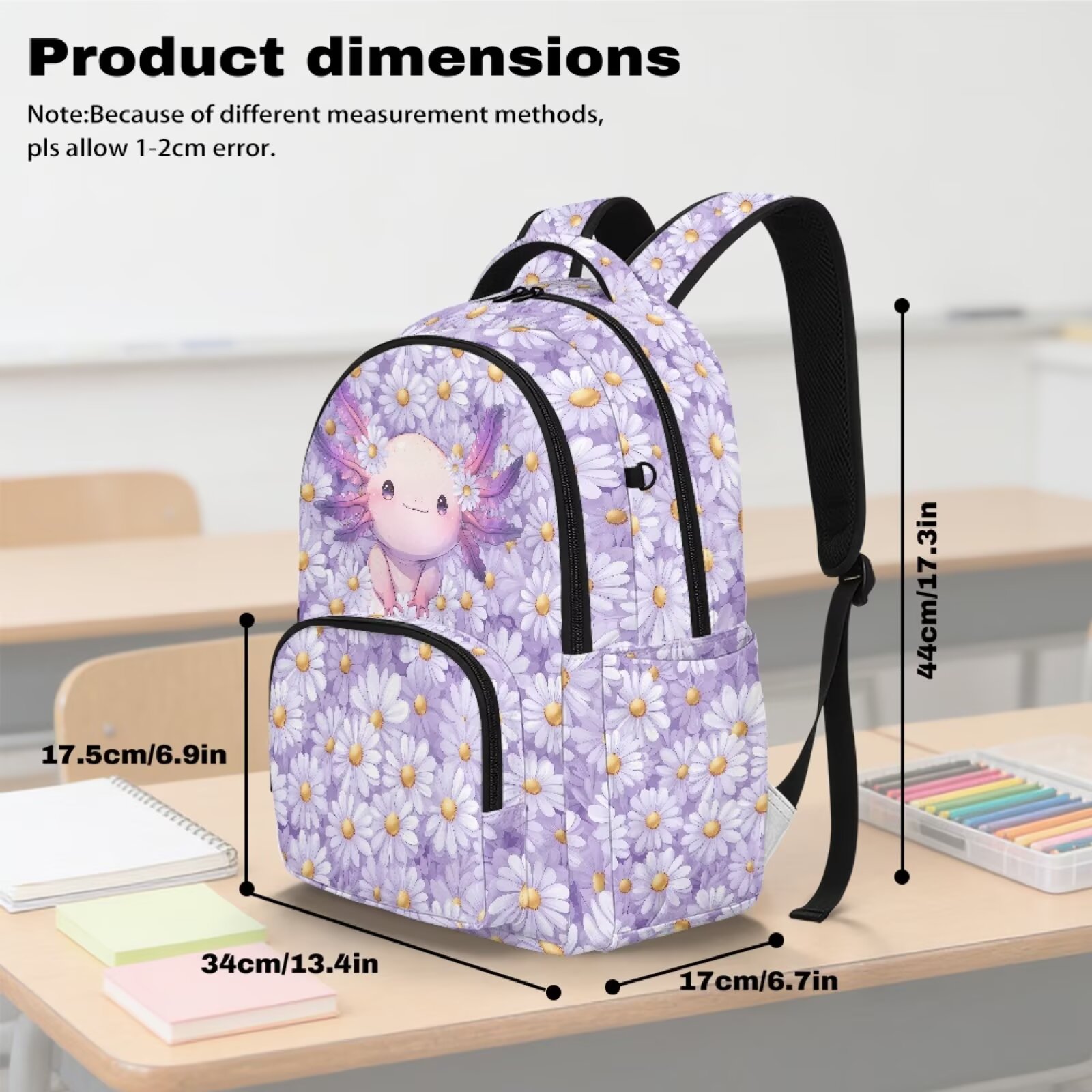 Mochila escolar de 17 pulgadas con estampado de axolote y margaritas moradas, espaciosa, con múltiples bolsillos, ligera para adolescentes y niños 7