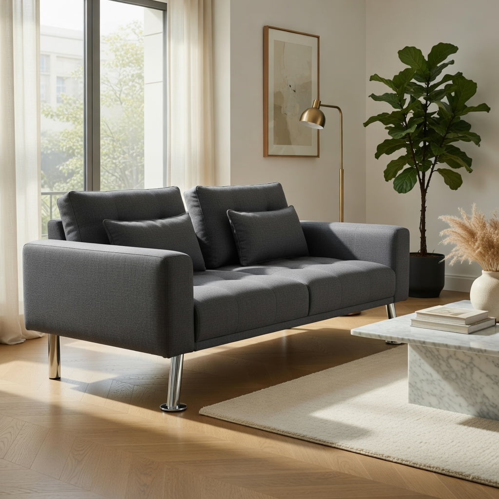 Hommoo Convertible Futon Sofa Bed with 2 Cup Holders – Light Gray Linen Fabric, 3-Position Reclining Foldable Sleeper for Small Spaces